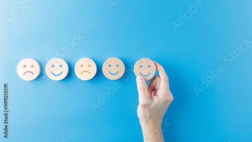 A hand is selecting a last smiley face icon of wooden color from a row of circular icons displaying different facial expressions, ranging from sad to happy