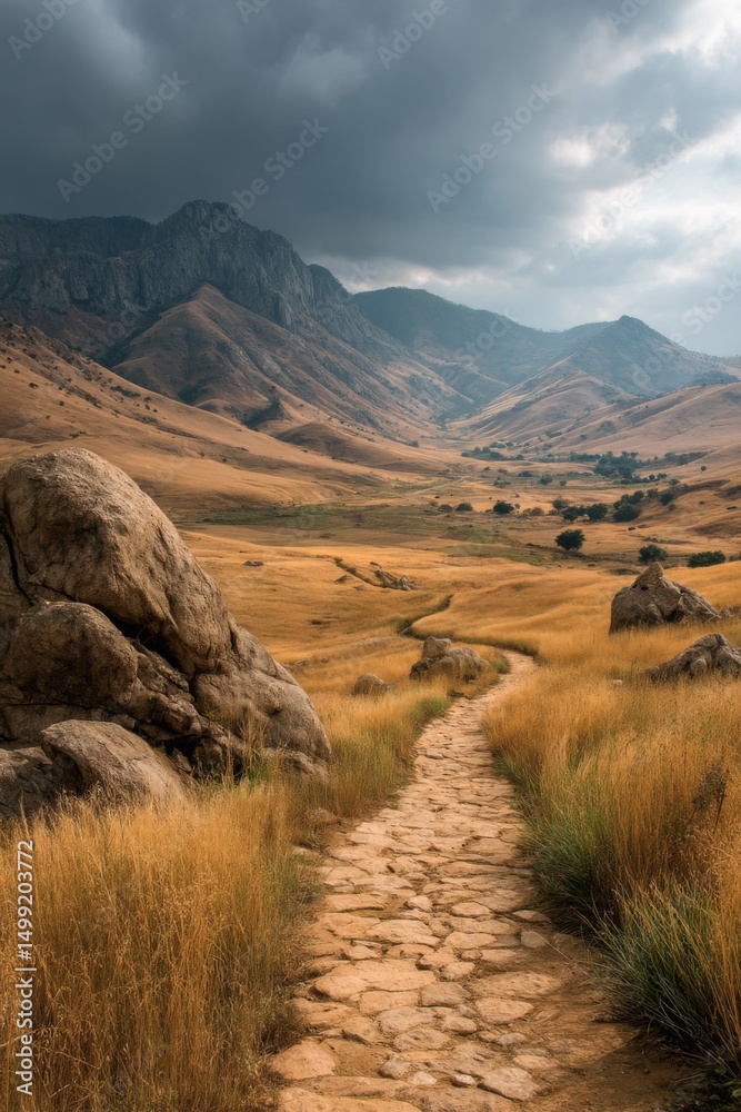 Naklejka premium Winding Stone Path Through Golden Valley and Mountains