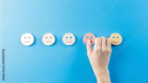 A hand is selecting a last smiley face icon of wooden color from a row of circular icons displaying different facial expressions, ranging from sad to happy