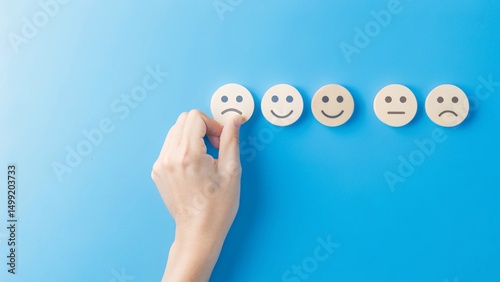 A hand is selecting a last smiley face icon of wooden color from a row of circular icons displaying different facial expressions, ranging from sad to happy