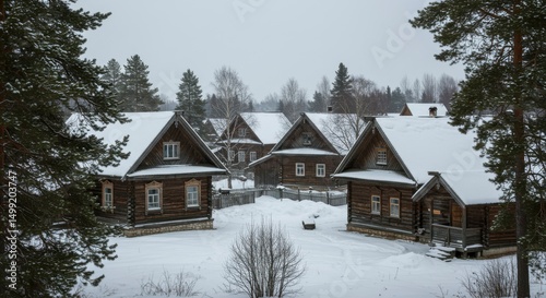 Snowy landscape showcasing a cluster of traditional wooden houses nestled in a wintery forest
