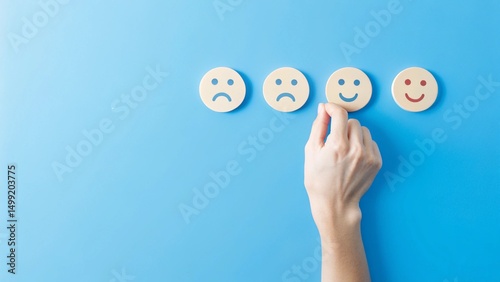 A hand is selecting a last smiley face icon of wooden color from a row of circular icons displaying different facial expressions, ranging from sad to happy