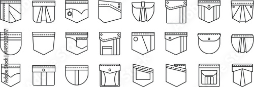 Set of patch pocket icons for shirts and other clothing. Jeans and denim Patches pockets line sketch vector illustration