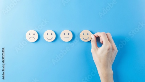 A hand is selecting a last smiley face icon of wooden color from a row of circular icons displaying different facial expressions, ranging from sad to happy