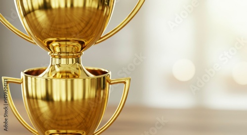 Two gleaming golden trophies stacked, showcasing intricate detailing and a polished surface.  Achievement symbolized