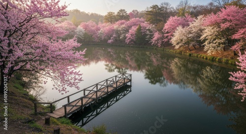 A tranquil lake scene under a canopy of blooming cherry trees. Their reflections mirror. A wooden dock juts into the water