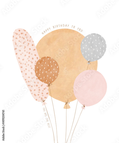 Cute Birthday Vector Card with a Bunch Of Air Balloons. Funny ​​Flying Balloons. Lovely Greeiting Card with Pink, Brown, Gray And Beige Balloons on a White Background. Gender Neutral Colors. 