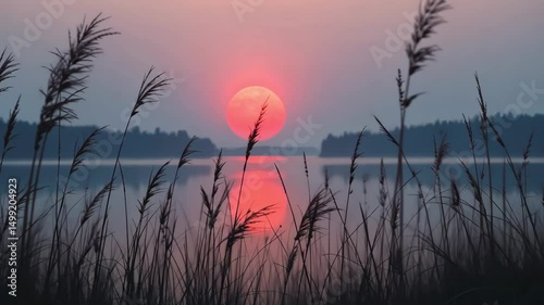 Wallpaper Mural Beautiful sunset over lake with silhouettes of reeds and orange sky, reflecting peaceful nature scene and calm evening environment, perfect for relaxation visuals Torontodigital.ca