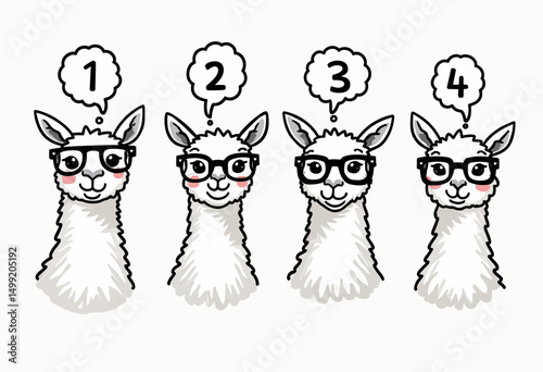 Minimalist Black and White Cartoon of a Glasses-Wearing Llama with Thought Bubbles Numbered 1 to 4, Clean Line Illustration for Educational or Design Use
