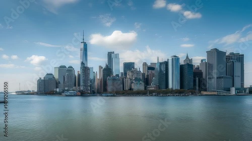 New york city skyline street view with people walking under towering skyscrapers against dramatic cloud-filled sky