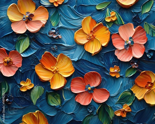 Oil painting of vibrant flowers with textured brush strokes. Use as a background for designs needing a floral, artistic feel.