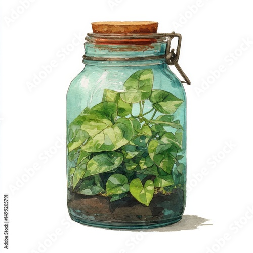 Green Plant in Vintage Glass Terrarium