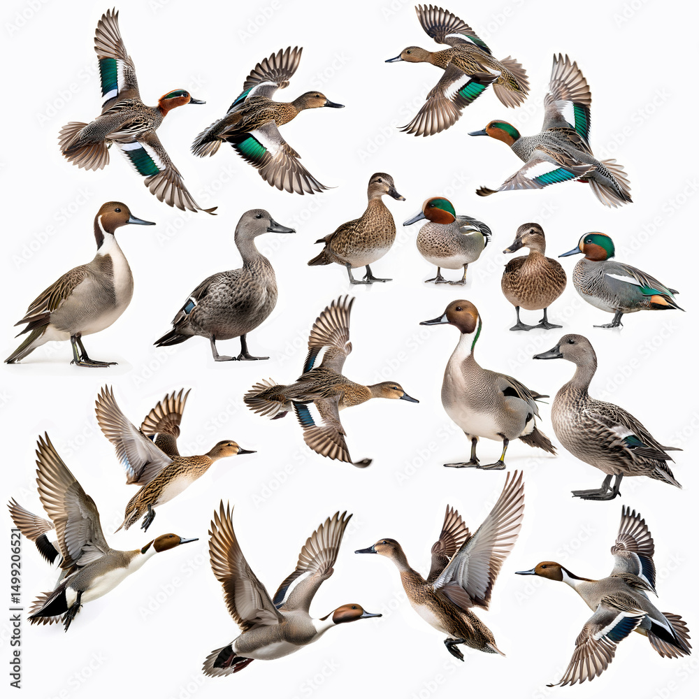 Fototapeta premium Gecollection, canard pilet, sarcelle d'hiver, gibier, chasse, oiseau, en vol, nature, faune, animal, sauvage, bec, brun, oiseau, aviaire, ailes, gazon, blanc, , nerated image