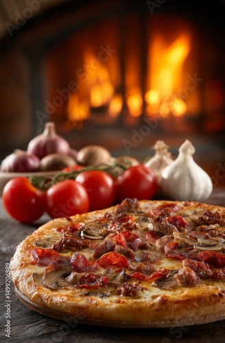 Close up of a loaded pizza ...
