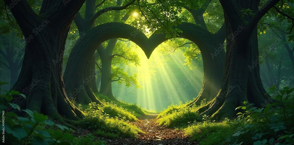 Fototapeta premium A mystical heart-shaped forest clearing bathed in sunlight, surrounded by ancient trees and lush foliage Perfect for fantasy, fairytale, or nature themes , earth, fantasy, hidden