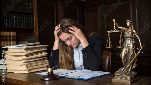 exhausted lawyer with head in hands isolated on white background.