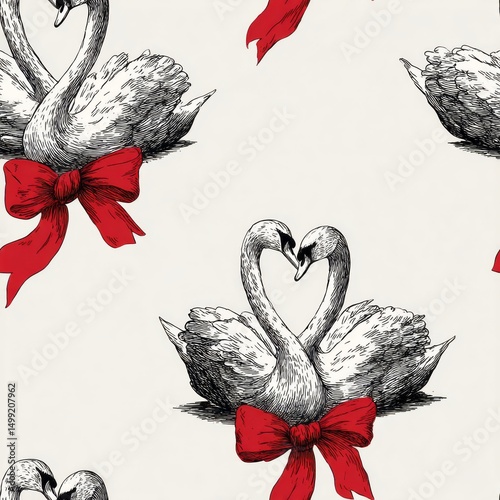Swans with red bows on a li...
