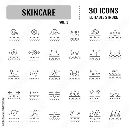 Skin care line icons set. Moisture cream, acid, anti wrinkle serum, ceramide, collagen, retinol compound, sunscreen. Editable stroke. Vector illustration