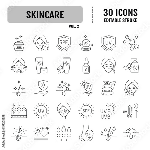 Skin care line icons set. Moisture cream, acid, anti wrinkle serum, ceramide, collagen, retinol compound, sunscreen. Editable stroke. Vector illustration