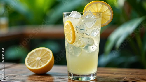 Wallpaper Mural Fresh lemonade served with lemon slices and ice in glass on wooden table, captured outdoors in natural light, perfect for refreshing summer drink concept Torontodigital.ca