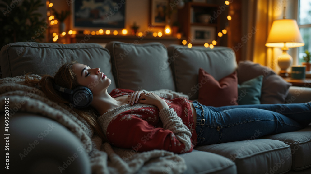 Obraz premium The image shows a woman laying on a couch with headphones on