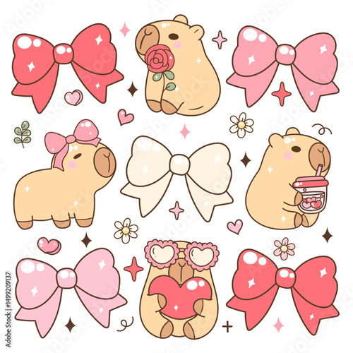 Cute Capybara , Girly Kawaii Animal Illustration