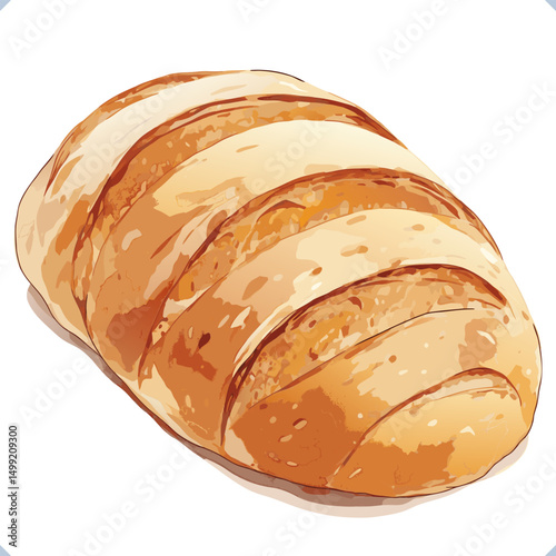 Watercolor vector illustration of a fresh loaf of bread with crusty golden top, isolated on white background.