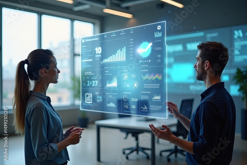 Business Team Collaborating with Interactive Digital Analytics Interface in Office