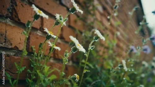 A soft-focus view of white wildflowers blooming near a rustic wall, symbolizing peace, purity, nature’s simplicity, and the charm of countryside florals. photo
