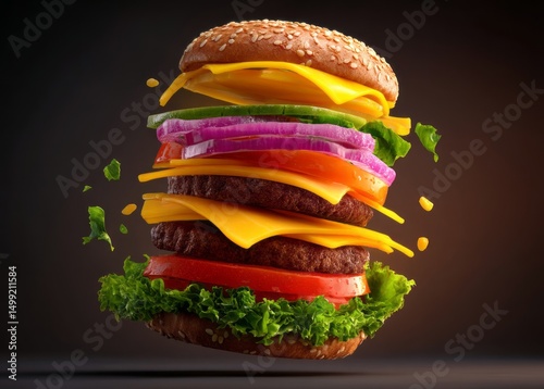 Colorful, layered hamburger...