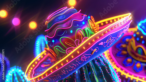 Festive holiday Cinco de Mayo celebration neon text effect design. Glowing sombrero hat with cactus, fun celebration 