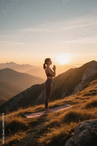 woman standing on a yoga mat in the mountains at sunset