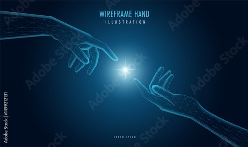 Futuristic wireframe hand, with a mesh glowing light. AI, technology, or connection concept.