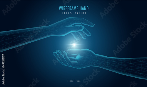 Futuristic wireframe hand, with a mesh glowing light. AI, technology, or connection concept.