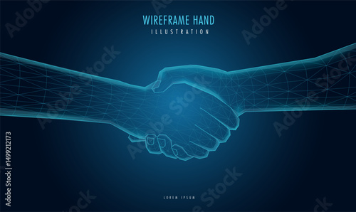 Futuristic wireframe hand, with a mesh glowing light. AI, technology, or connection concept.