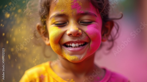 Joyful Child Covered in Vibrant Holi Colors A Close-Up Portrait