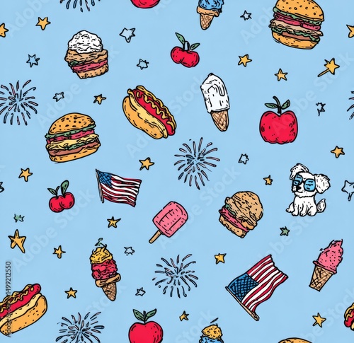 Patriotic food pattern with illustrations of treats and symbols.