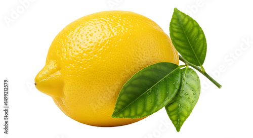 Single ripe yellow lemon with green leaves and water droplets isolated on black background