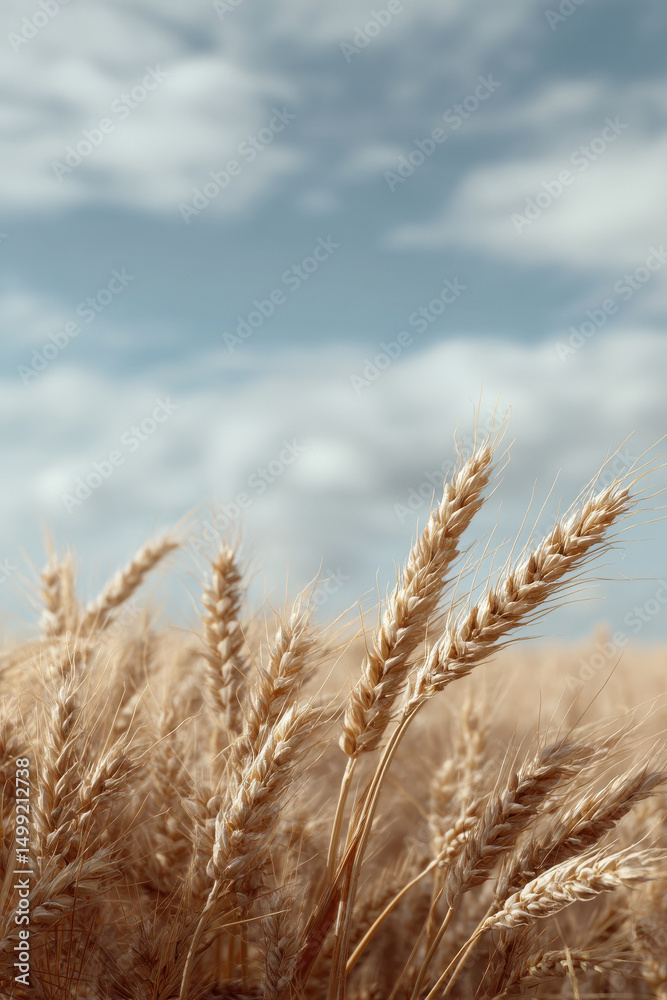 Obraz premium serene wheat field with golden ears swaying gently in breeze under bright cloudy sky