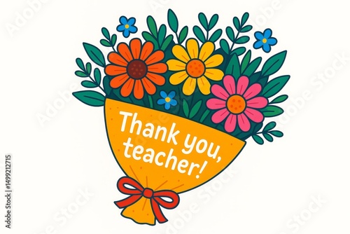 Colorful cartoon bouquet with Thank you, teacher text on yellow wrap with red bow isolated on white background