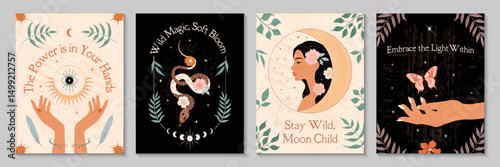Mystical boho poster set with celestial symbols, feminine energy and nature elements. Soft neutral and black palette. Ideal for wall art, decor prints, tarot aesthetics and spiritual gifts.