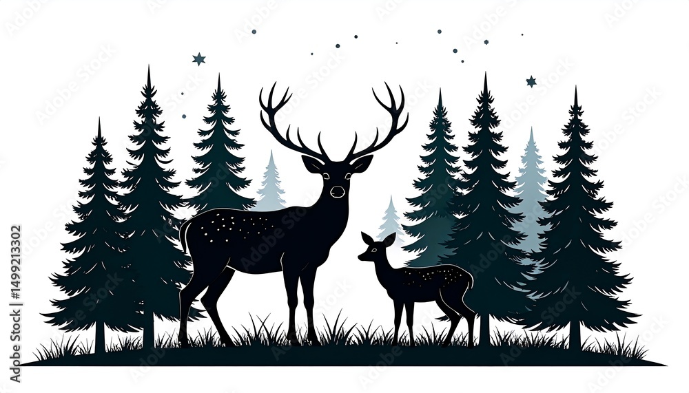 custom made wallpaper toronto digitalSilhouette of a majestic deer and its fawn standing in a pine forest under a starry night sky
