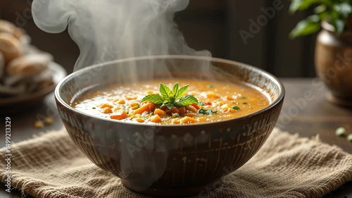 Wallpaper Mural Hot bowl of steaming soup with vegetables and herbs in cozy home setting, ideal for comfort food, warmth and healthy eating concept Torontodigital.ca