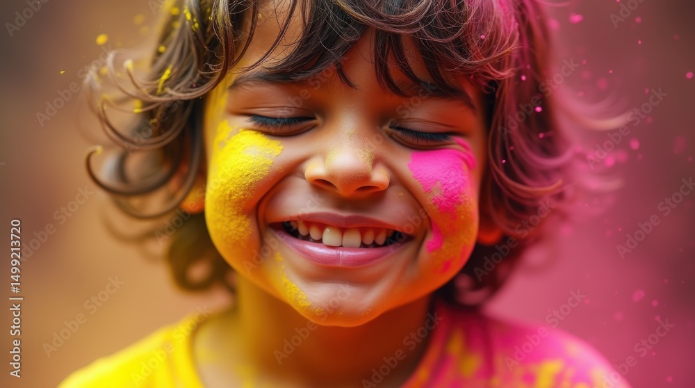 Obraz premium Joyful Child Covered in Holi Colors A Close-Up Portrait