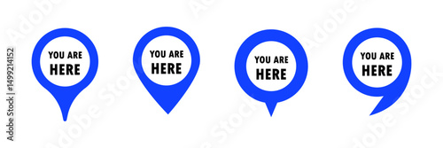 Set of blue you are here map pin vector icons