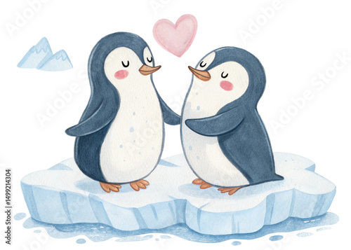 two cute penguins in love on ice isolated on white background.