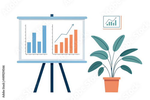 data analysis charts on presentation board with plant isolated on white background.