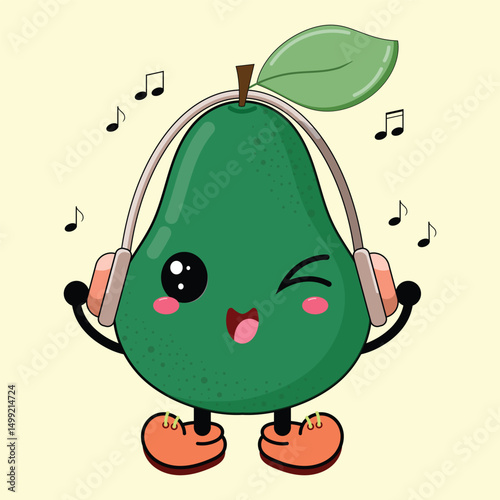 Cute Funny And Sweet Avocado Cartoon Listening Music Happily Clipart Illustration