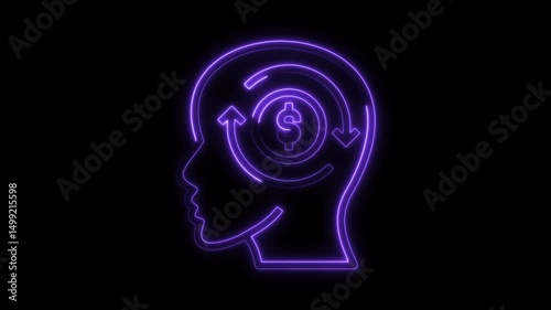 Neon head shape with dollar sign circulating inside brain financial mindset concept