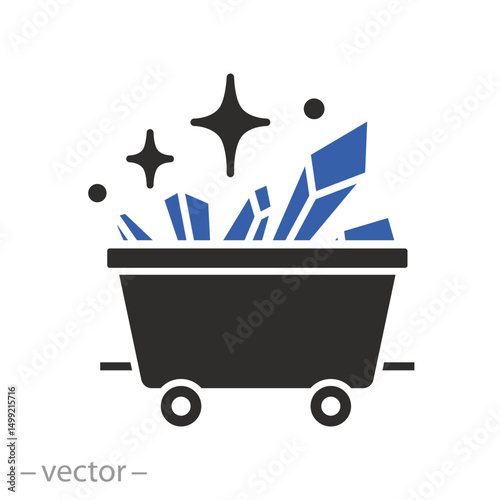 trolley mine with minerals, mine cart icon, mining natural resources, flat vector illustration